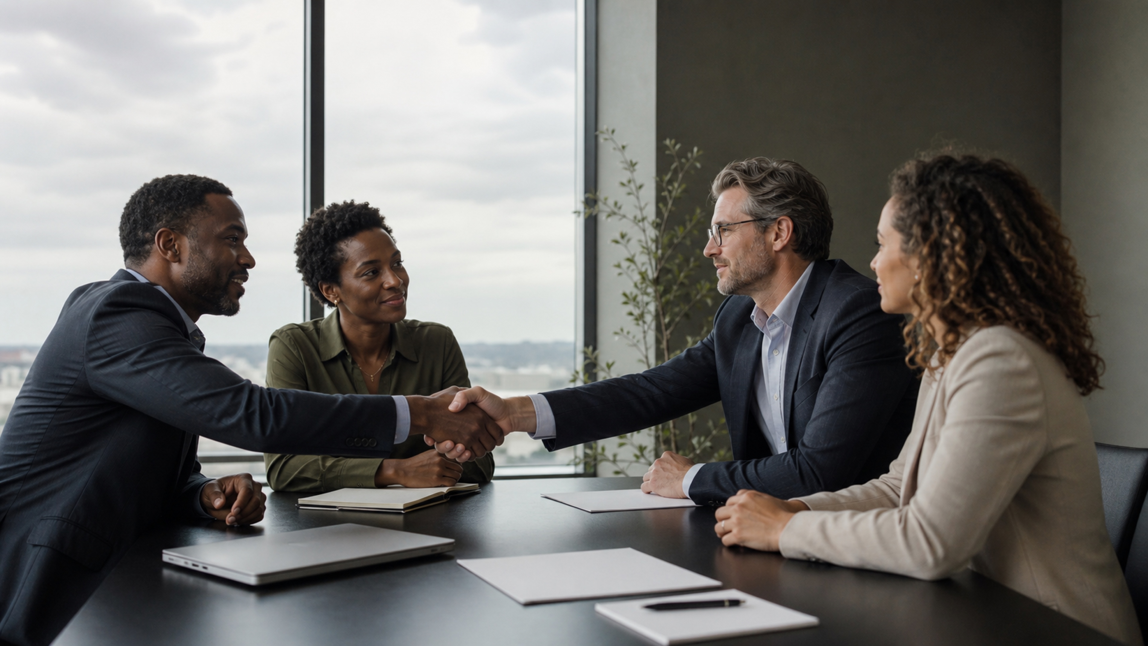 Diverse professionals in a serious business conversation