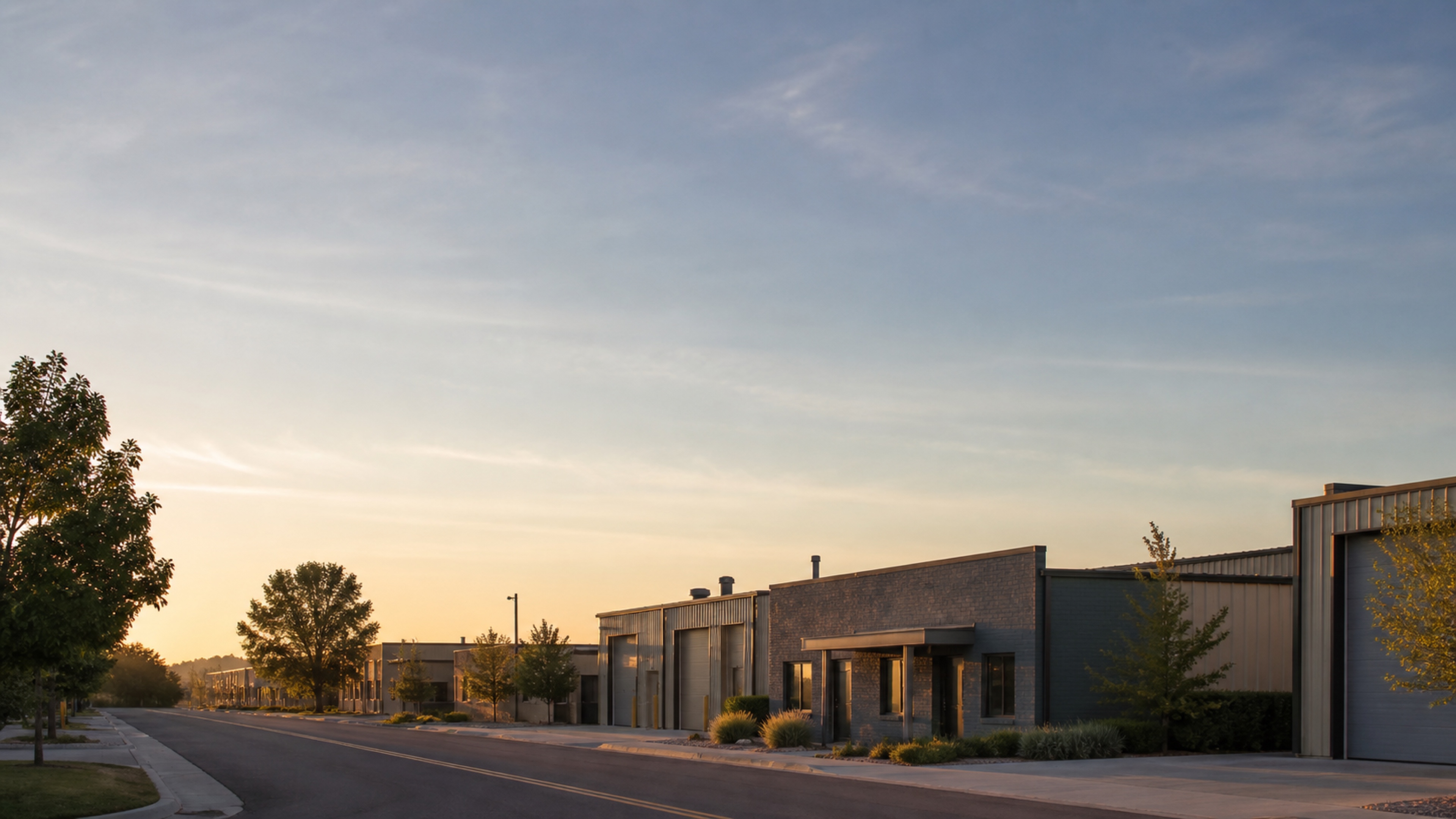 Operating-business district beneath an open dawn sky