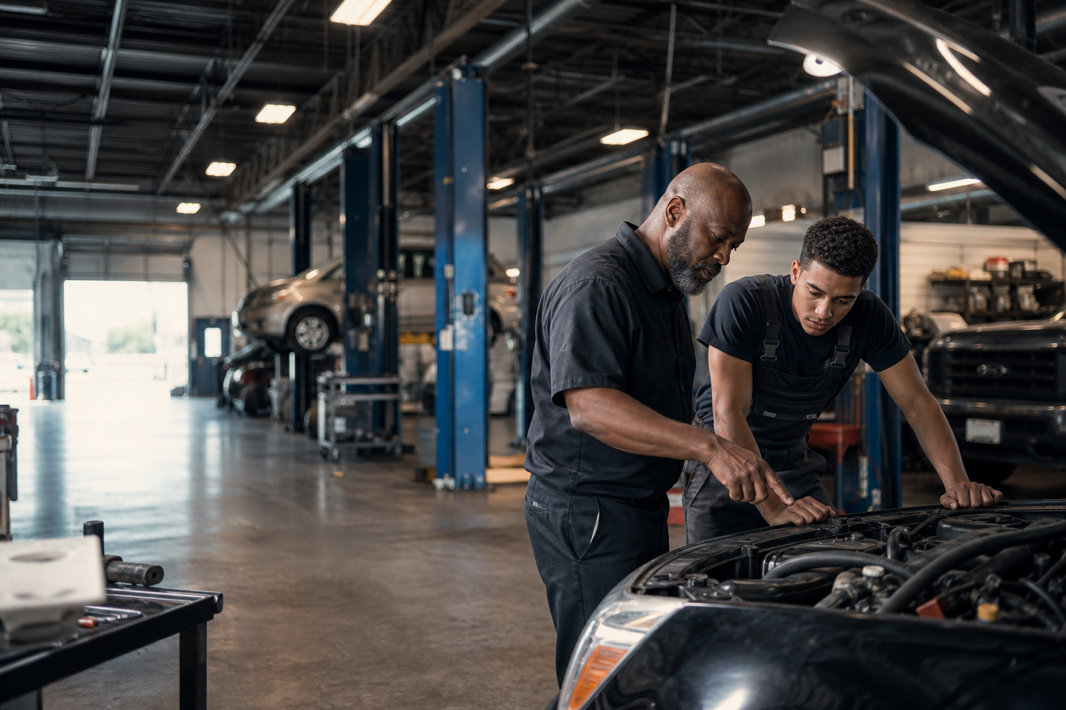 Technicians working in an independent automotive shop