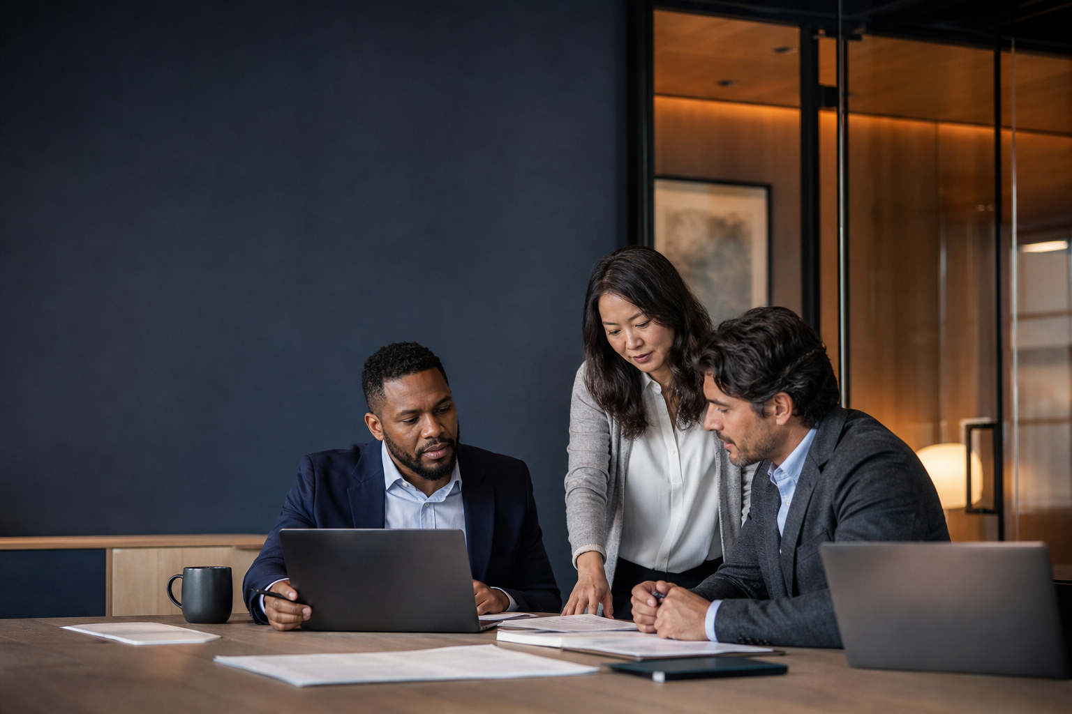 Diverse professional-services team reviewing client work